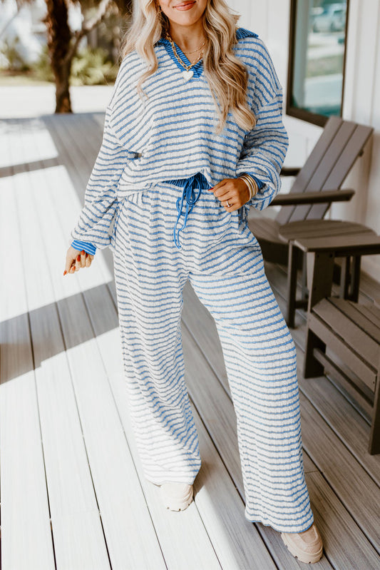 Sky Blue Stripe Textured Collared Pullover Top and Drawstring Pants Set