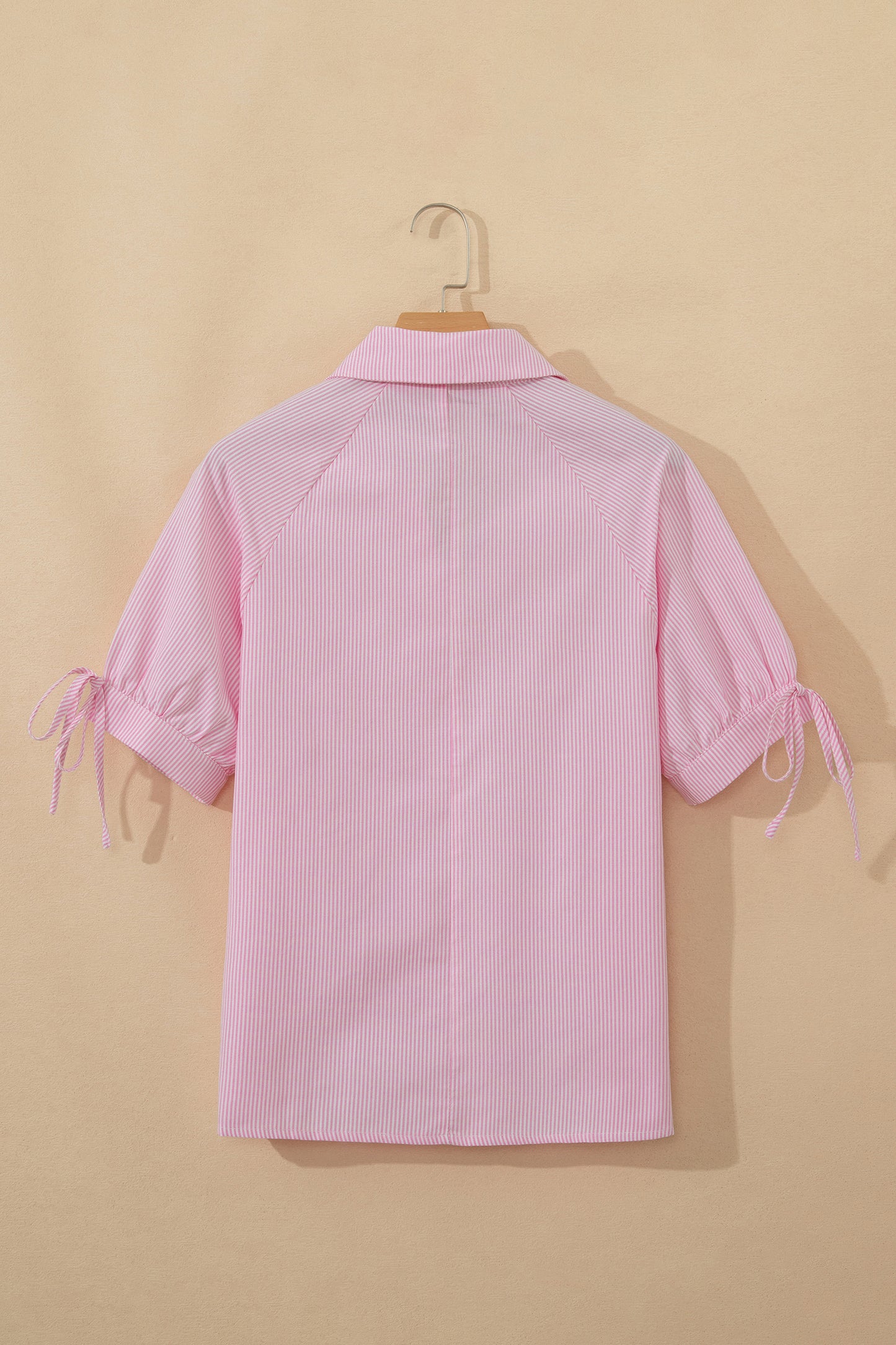 Mint Green Striped V Neck Collared Bubble Sleeve Blouse