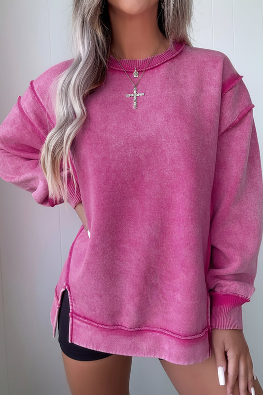 Rose Red Mineral Wash Exposed Seam Side Slit Sweatshirt