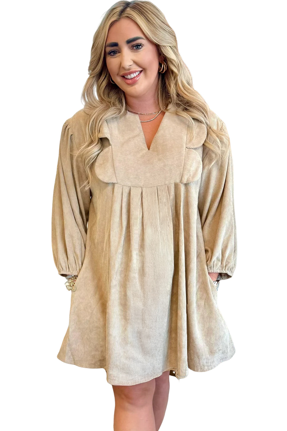 Parchment Notched Neck Scallop Detail Plus Size Mini Dress