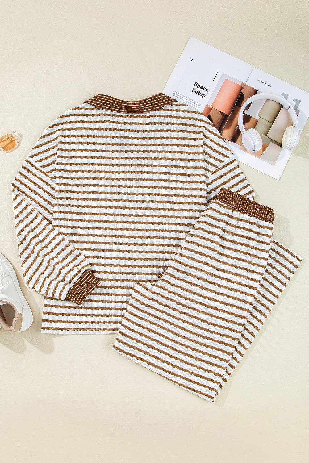 Khaki Stripe Textured Collared Pullover Top and Drawstring Pants Set