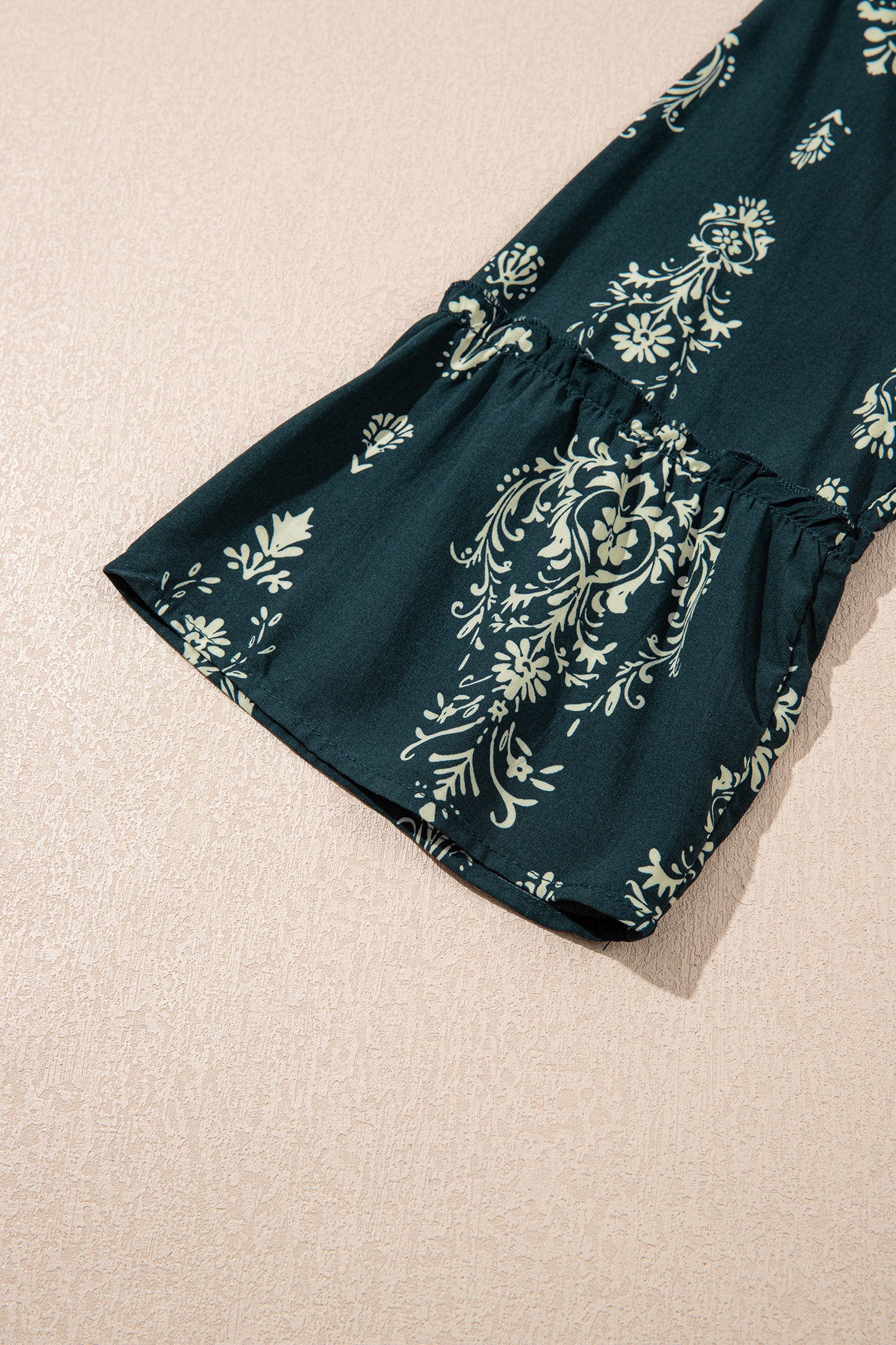 Sky Blue Boho Floral Print Lettuce Trim 3/4 Sleeve Mini Dress