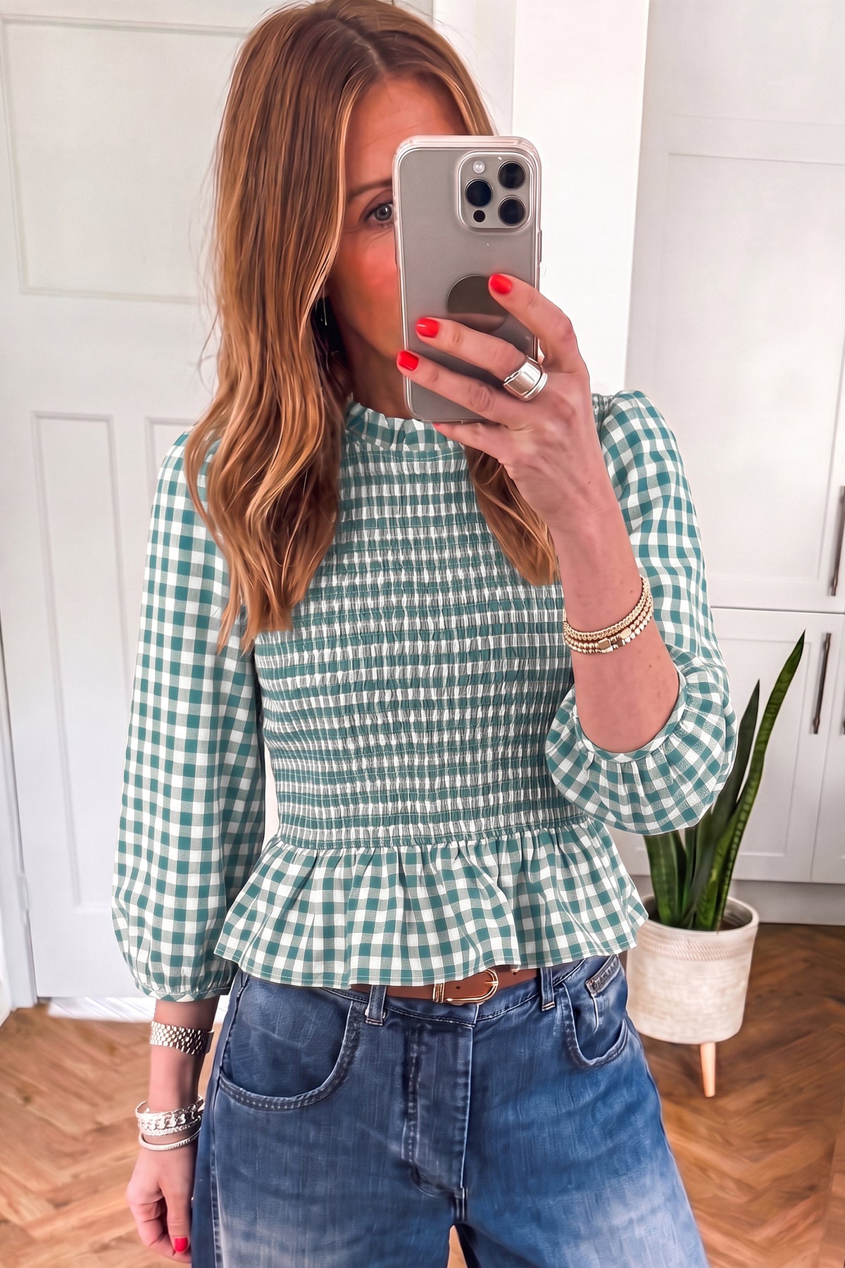 Brown 3/4 Sleeve Shirred Plaid Peplum Top