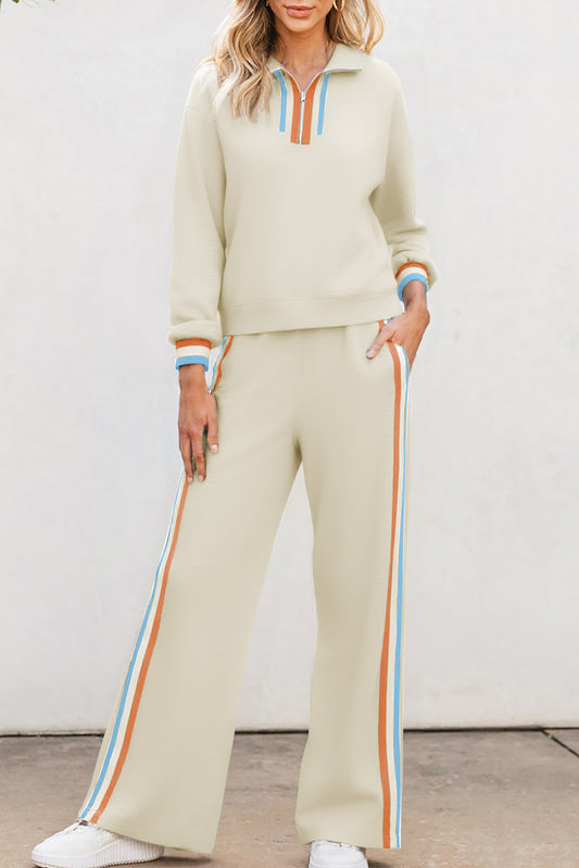 Apricot Striped Patchwork Quarter Zip Pullover Loose Pants Set