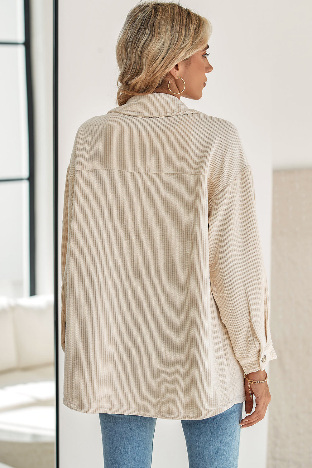 Oatmeal Corduroy Flap Pocket Button Up Shacket