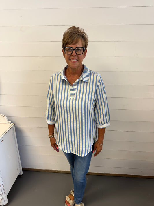 Blue and White Stripe V Neck Top