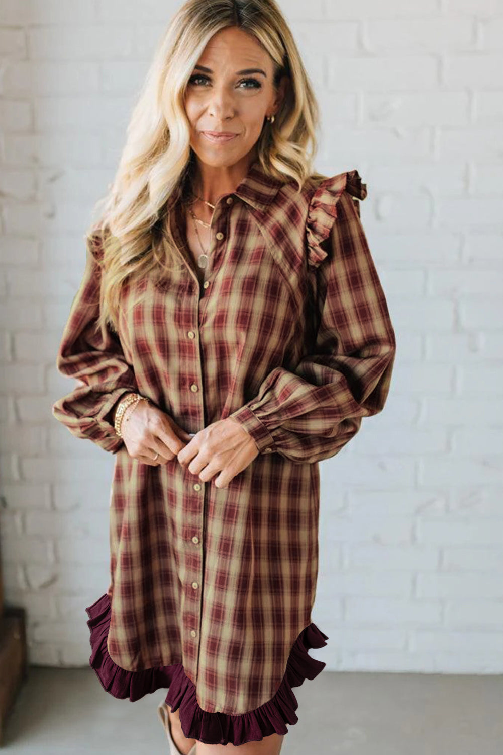Red Plaid Print Ruffled Long Sleeve Patchwork Hem Mini Shirt Dress