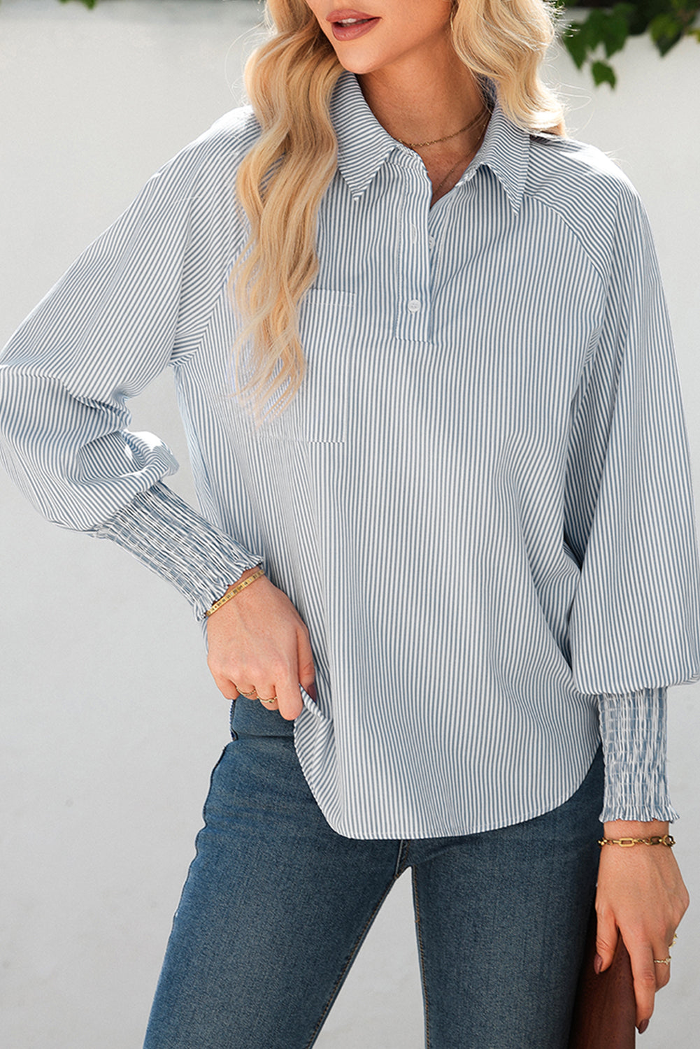 Sky Blue Stripe Pinstripe Long Sleeve Smocked Cuffs Button Shirt Collar Blouse