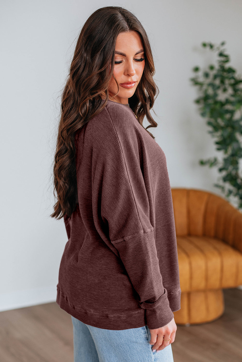 Dark Brown Ribbed Plain Long Sleeve Loose Top