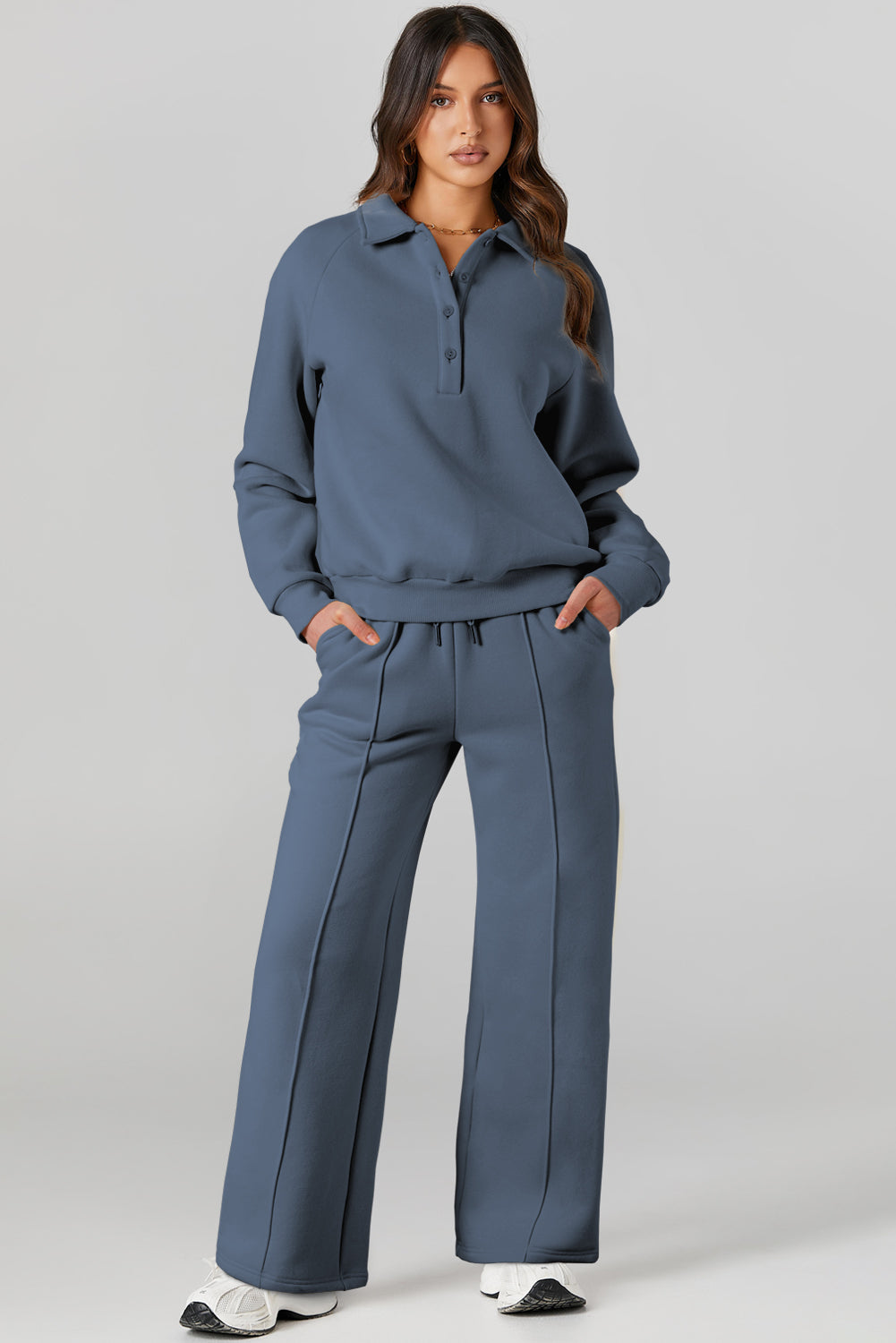Sail Blue Solid Collared Sweatshirt and High Waist Pants Active Set