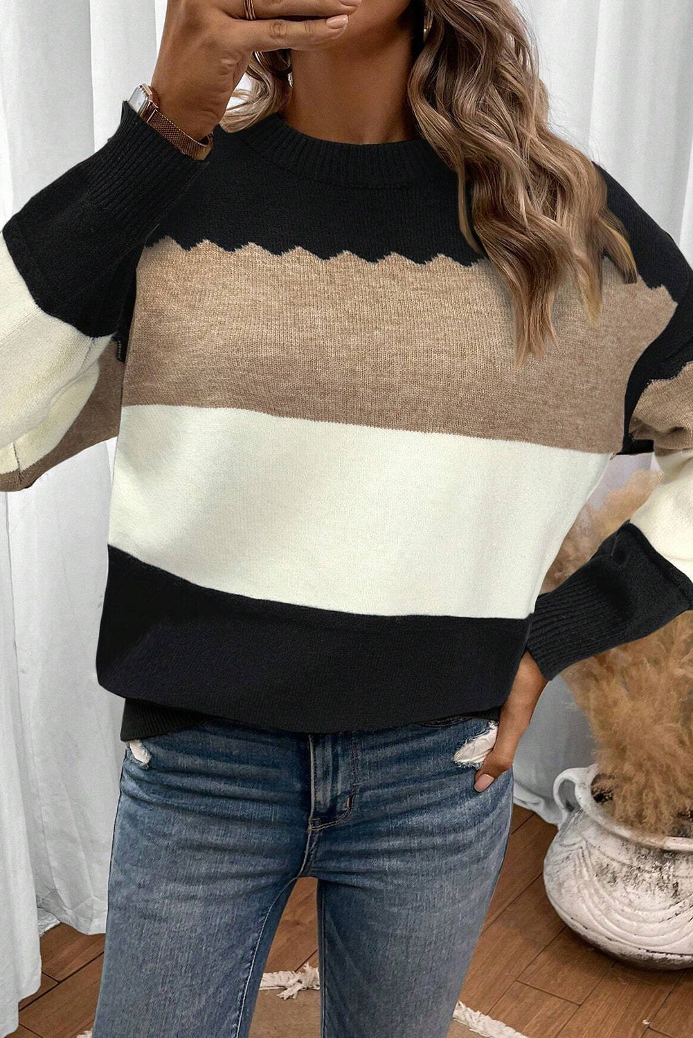 Black Colorblock Crew Neck Drop Shoulder Sweater