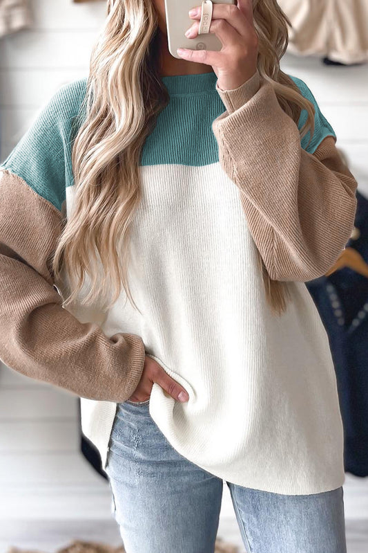 Green Colorblock Ribbed Knit Baggy Sweater