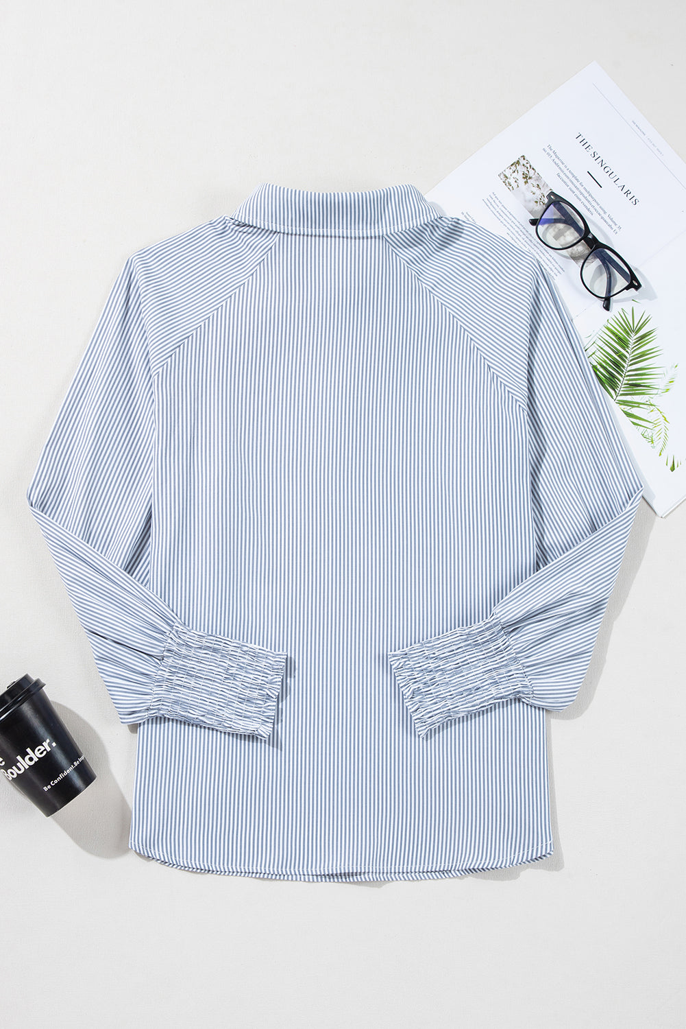Sky Blue Stripe Pinstripe Long Sleeve Smocked Cuffs Button Shirt Collar Blouse