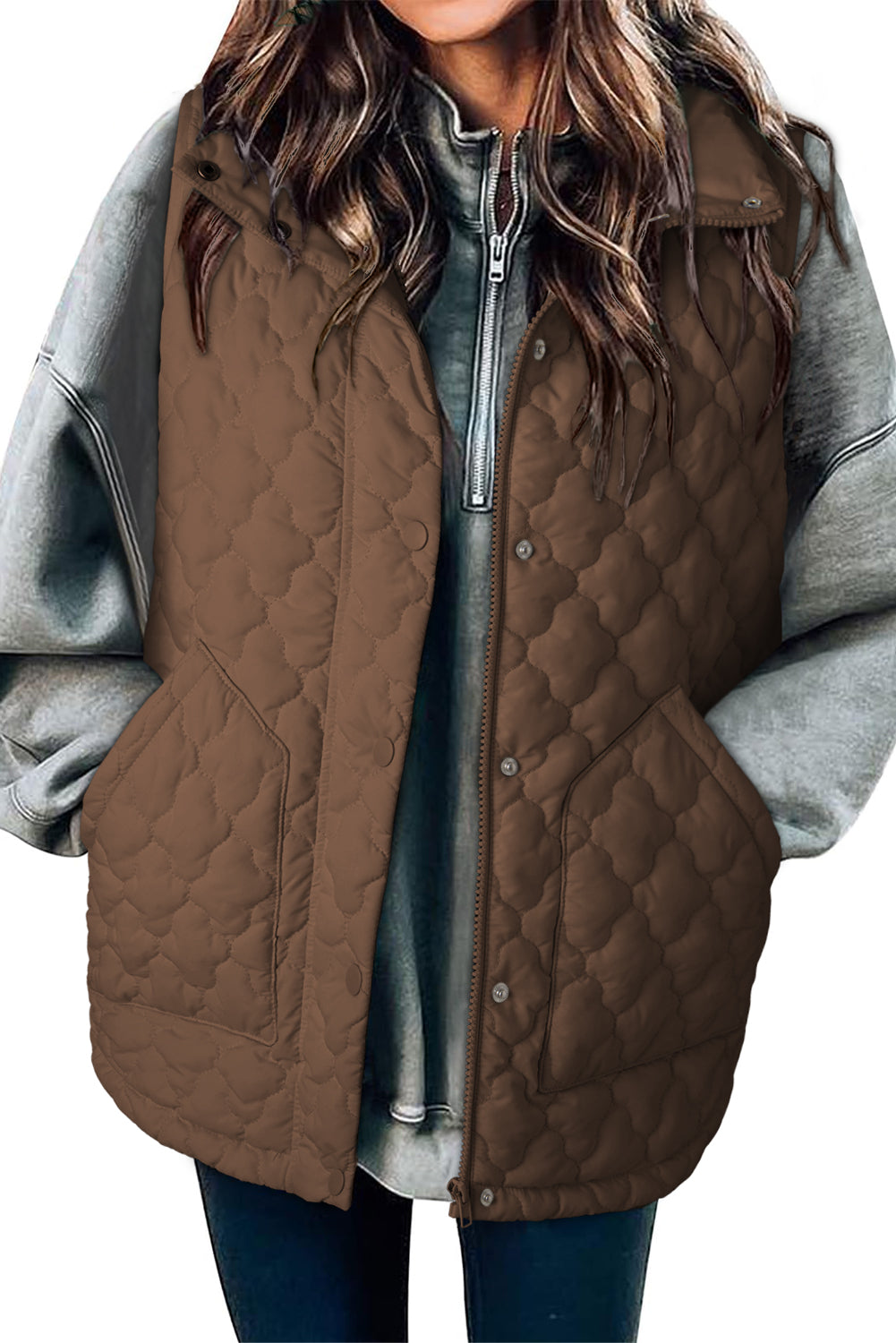 Dark Brown Flower Shape Quilted Snap Button Zip Up Winter Vest