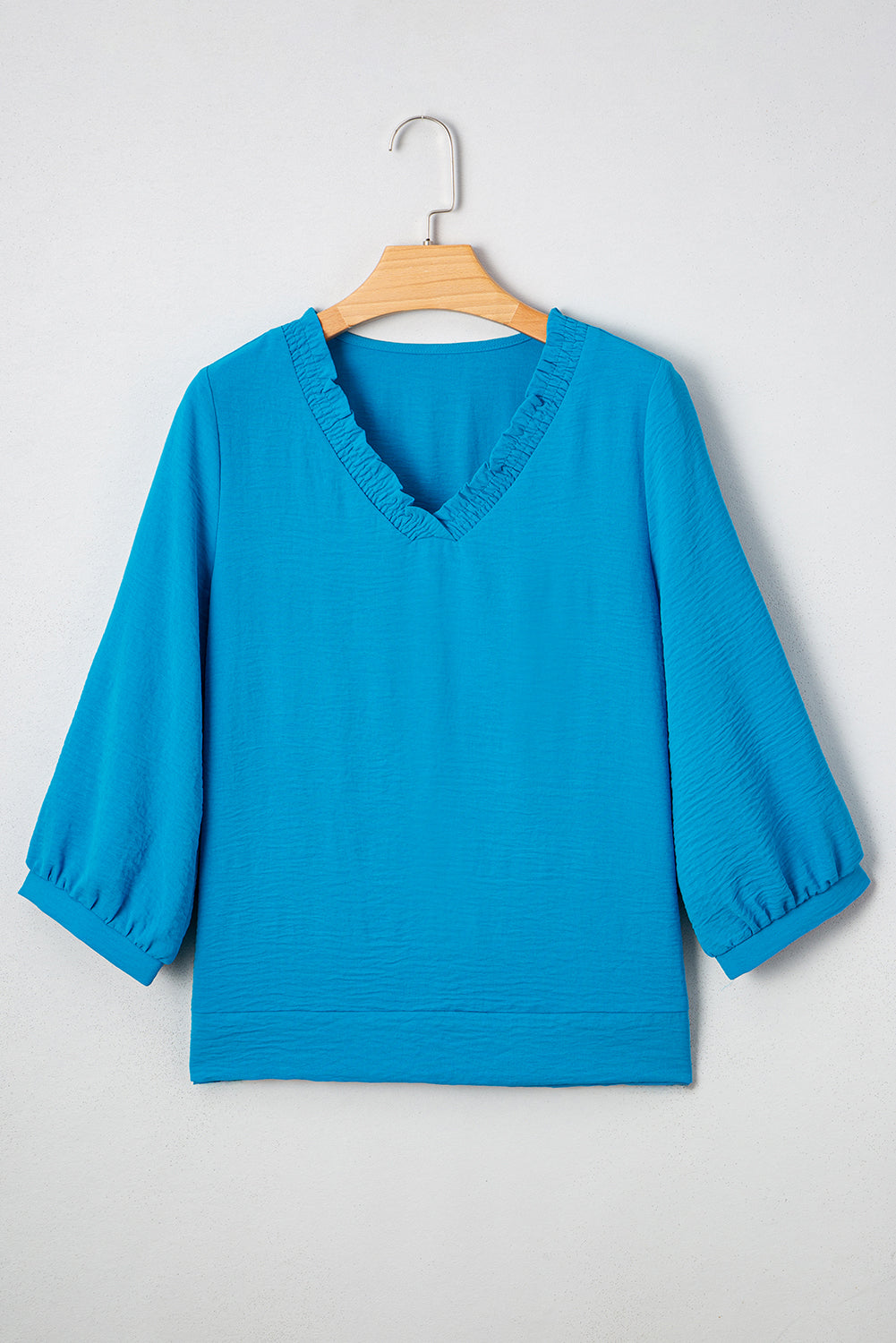 Moonlight Jade Frill V Neckline Puff Sleeve Crinkled Blouse