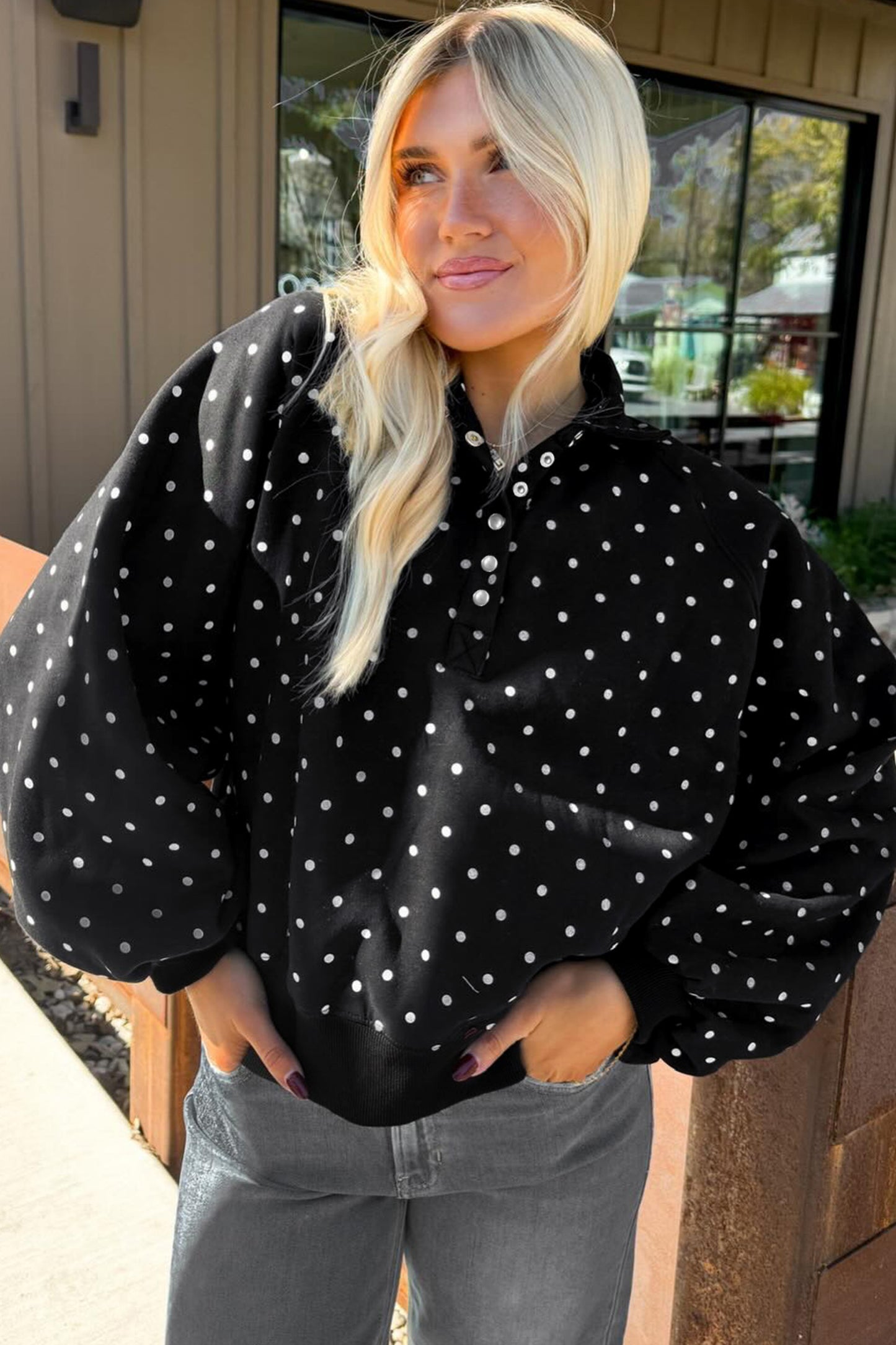 Brown Polka Dot Print Metal Button Collar Casual Pullover Sweatshirt