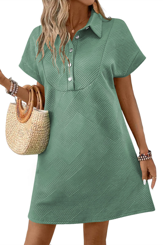 Bright Green Textured V Button Collared Mini Dress