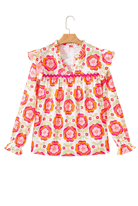 Rose Floral V Neck Ricrac Trim Ruffle Long Sleeve Blouse