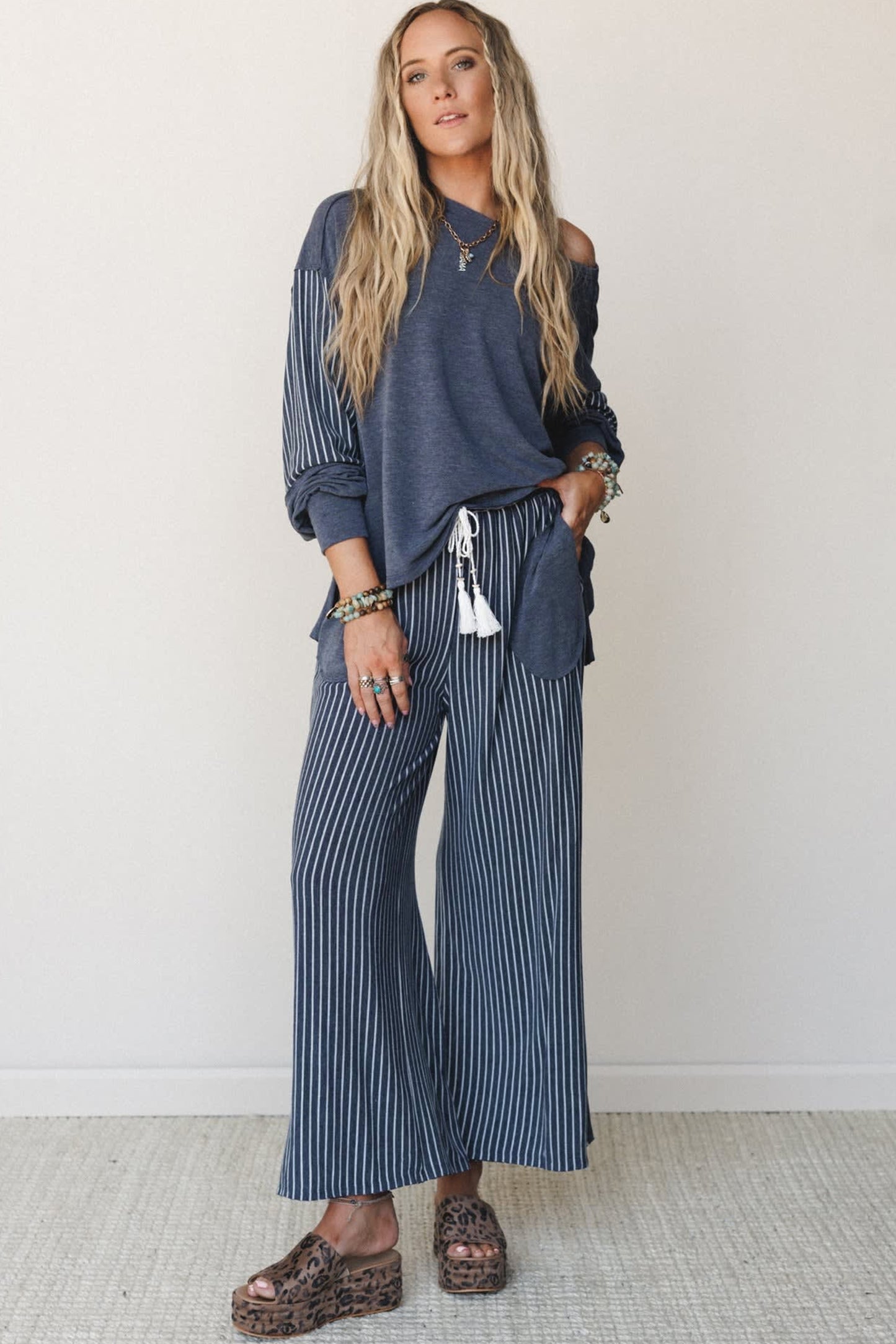 Fushia Raw Seam Patchwork Long Sleeve Top Pocket Casual Pants 2pcs Set