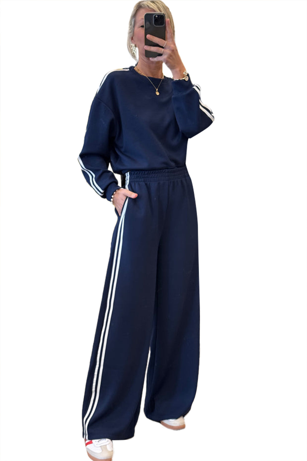 Dirty Blue Varsity Striped Detail Cropped Pullover Wide Leg Pants 2pcs Outfit