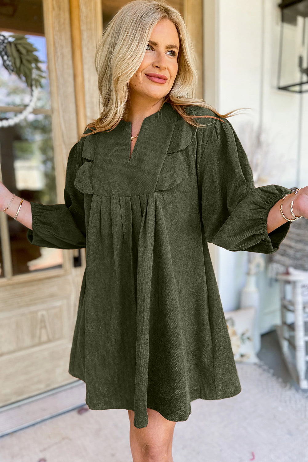 Moss Green Split Neck Scallop Detail Pleated Corduroy Mini Dress
