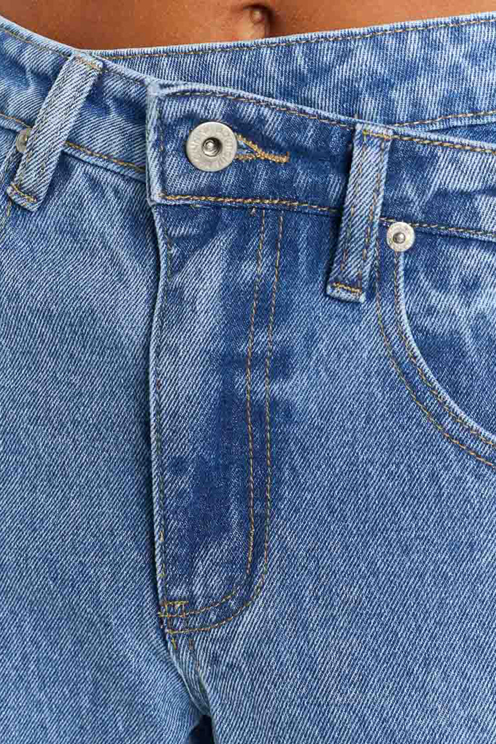 Blue Mid Rise Asymmetrical Waist Wide Leg Jeans
