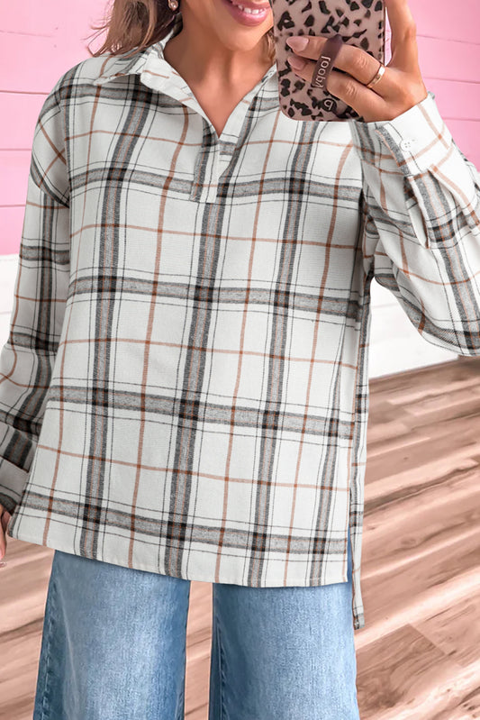 White Plaid Print Collared V Neck Loose Blouse with Side Slits