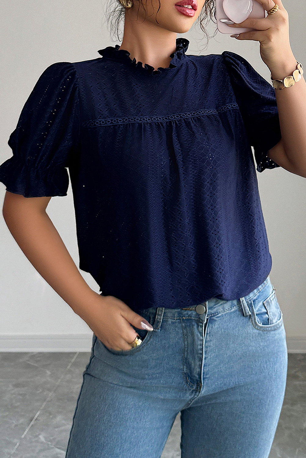 Navy Blue Frill Neck Plain Eyelet Blouse