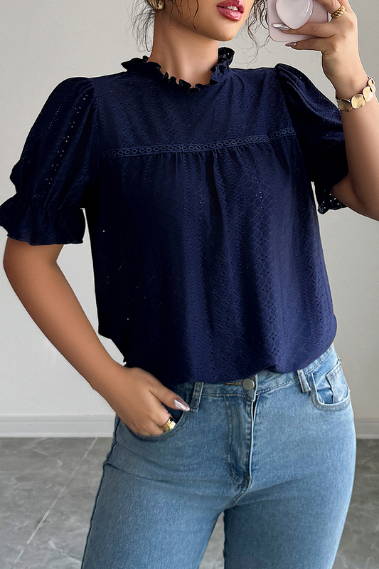 Navy Blue Frill Neck Plain Eyelet Blouse