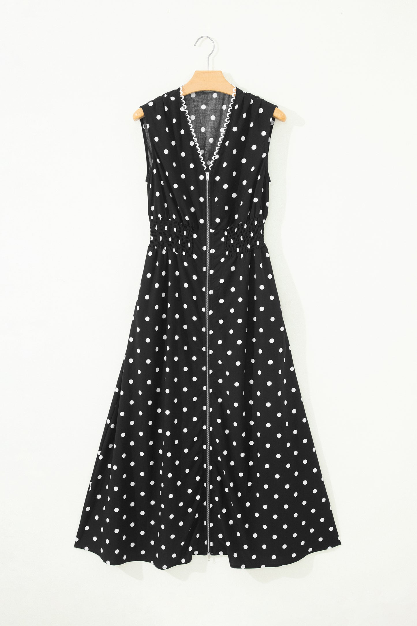 Brown Polka Dot Print Contrast Trim V Neck Zip Up Sleeveless Dress
