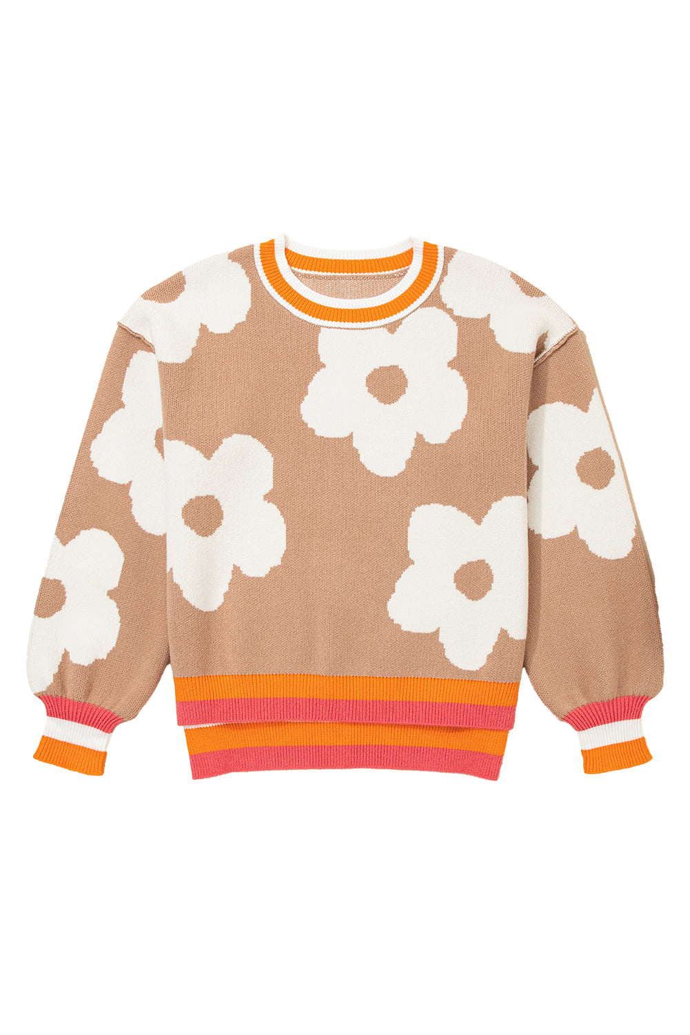 Smoke Gray Big Flower Pattern Contrast Striped Baggy Sweater