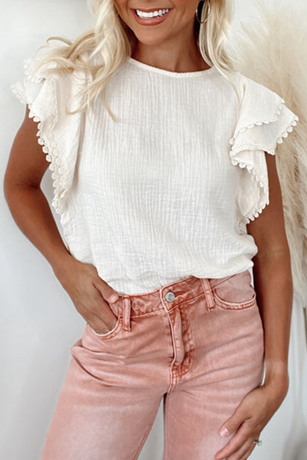 White Crinkled Layered Ruffled Flutter Sleeve Blouse