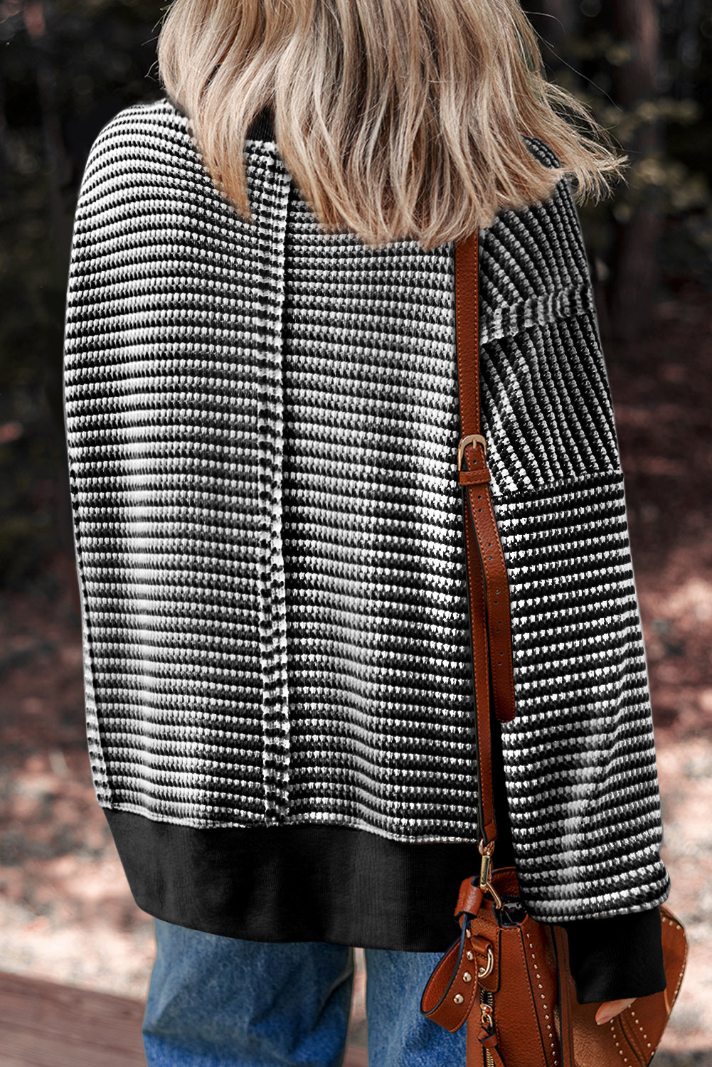 Brown Stripe Ribbed Trim Drop Shoulder Long Sleeve Oversized Top