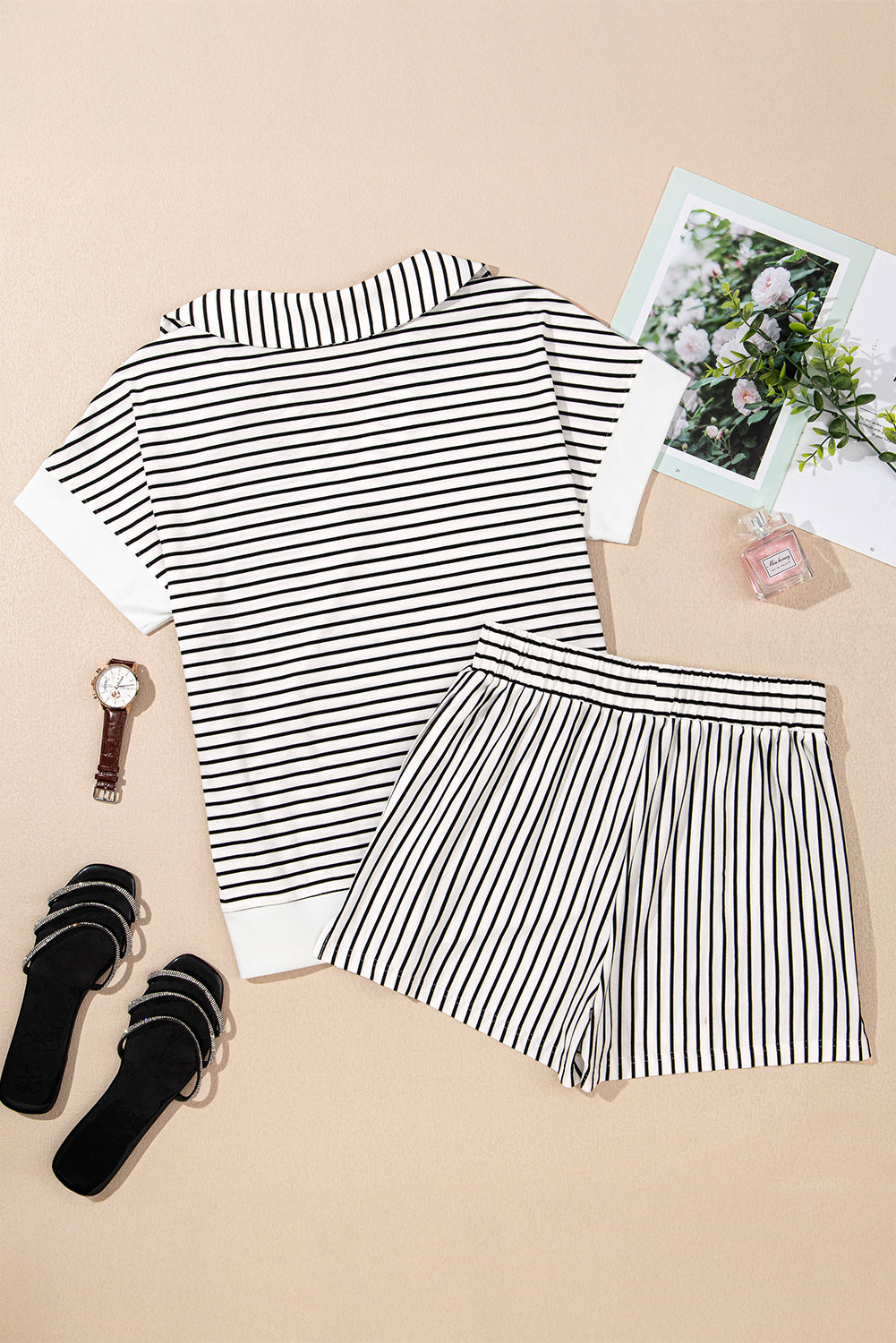 Black Striped V Neck Tee and Casual Shorts Set
