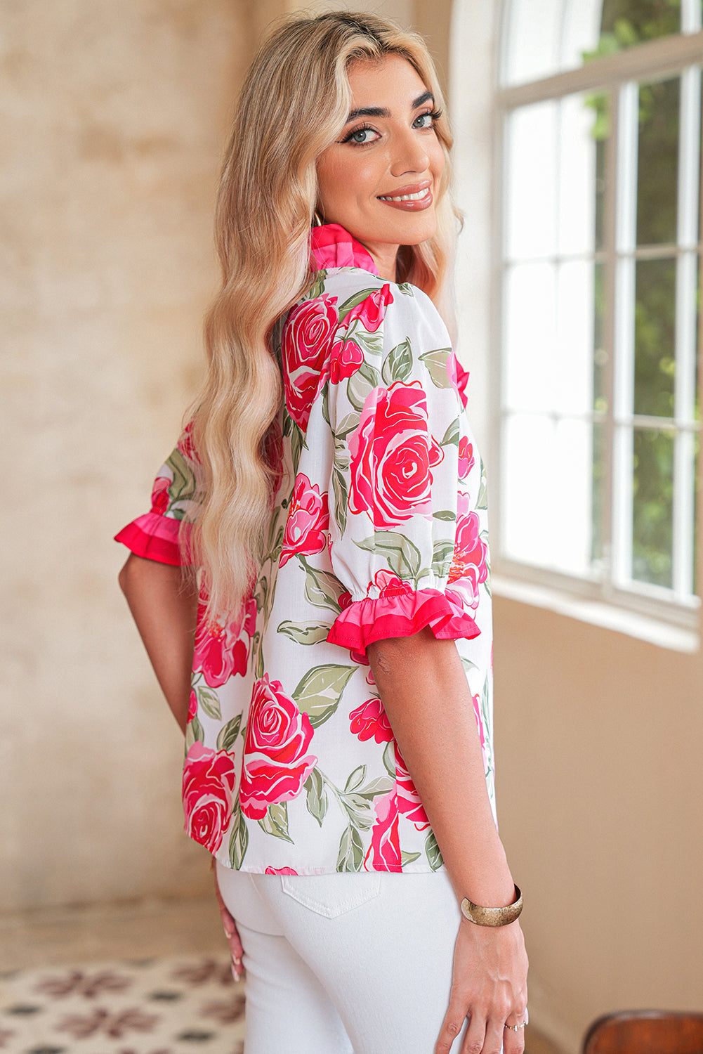 Rose Floral Print Ruffle Puff Sleeve Pop of Color Neckline Blouse