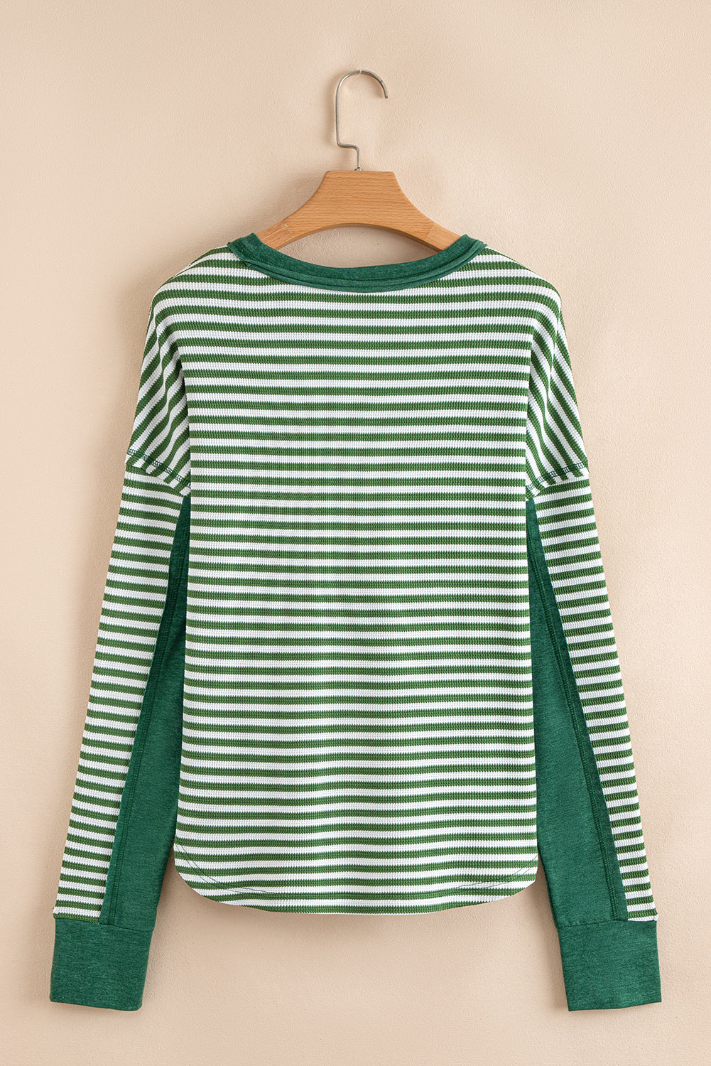 Green Stripe Exposed Seam Patchwork Plus Size Thermal Waffle Top
