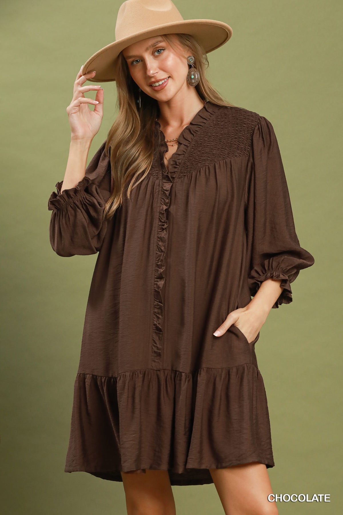 Umgee Chocolate Ruffle Mini Dress