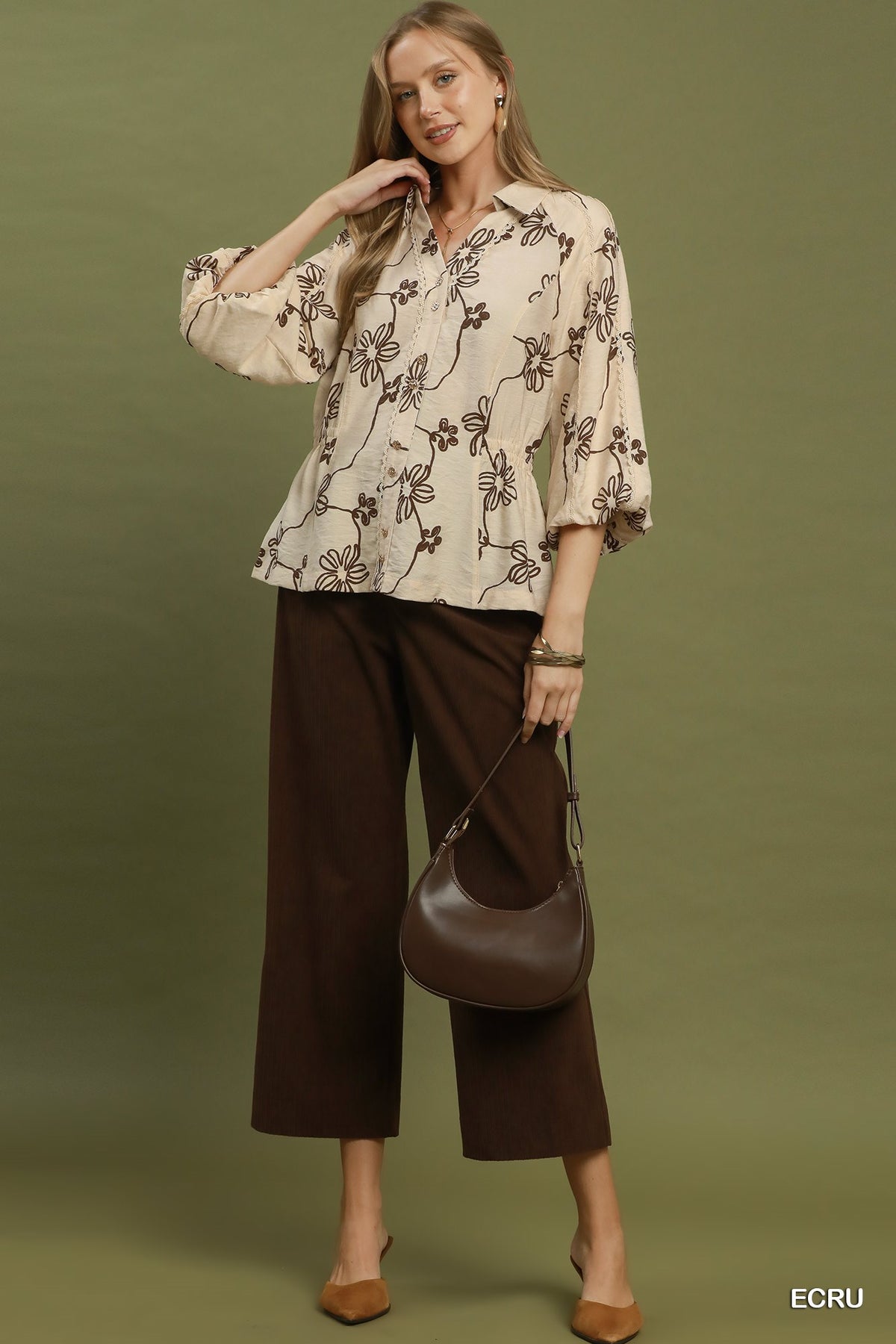Umgee Ecru Brown Floral Blouse