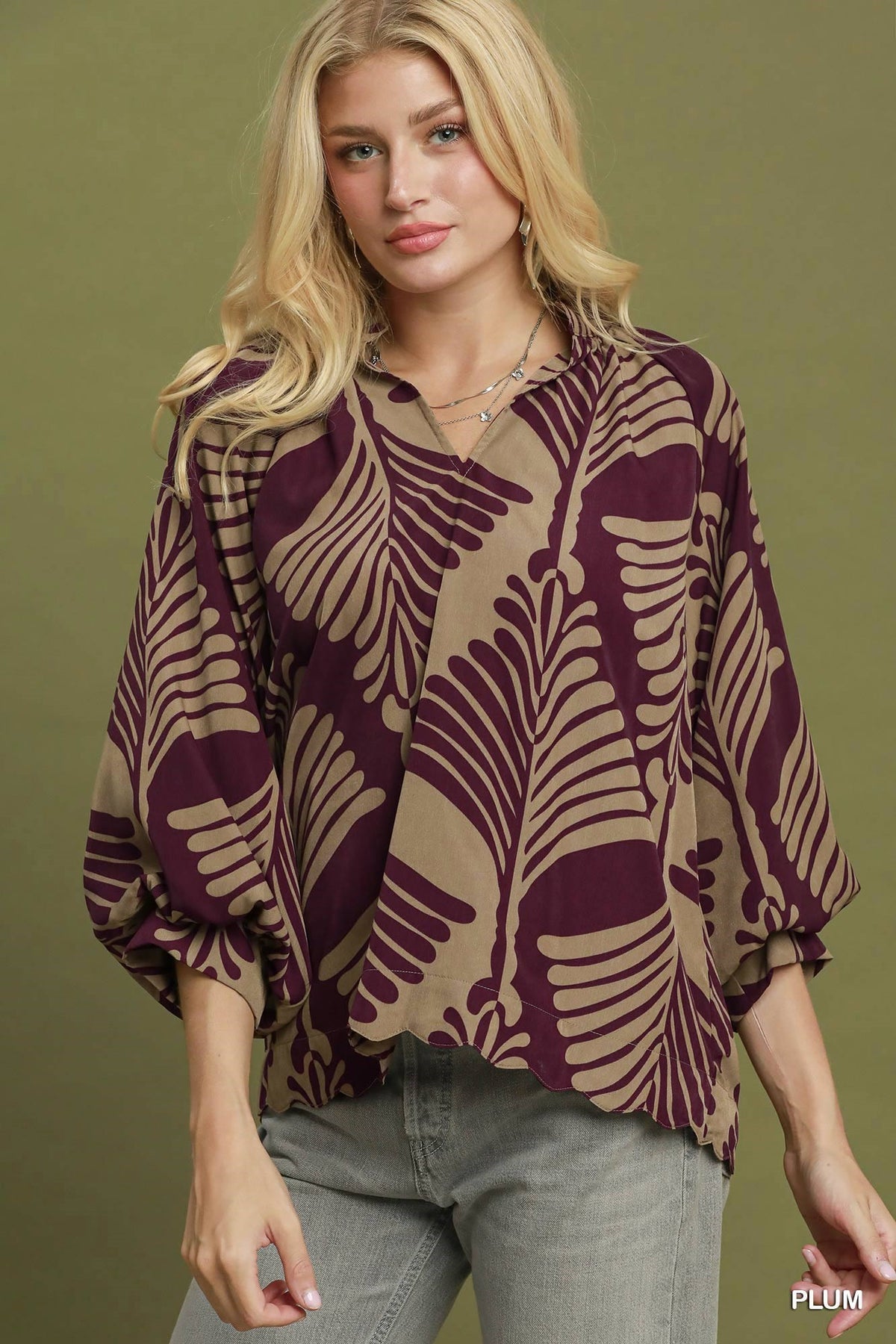 Umgee Abstact Leaf Plum Blouse