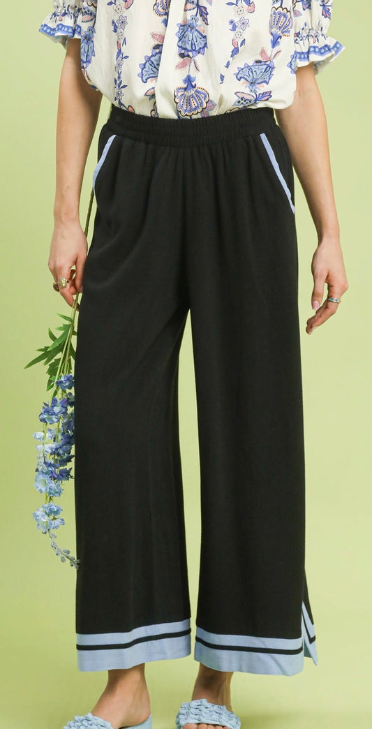 Umgee Black & Blue Accent Wide Leg Pants