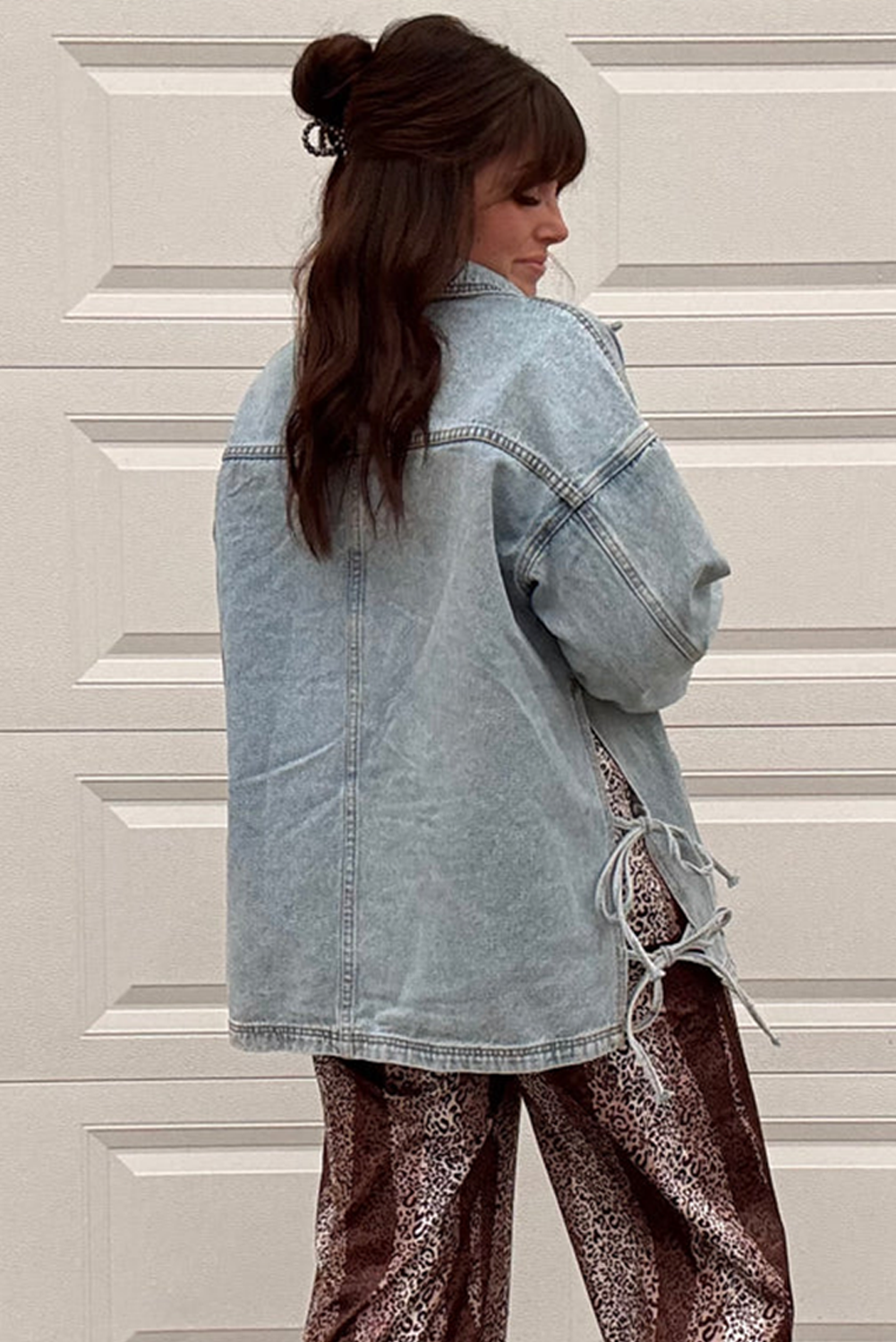 Beau Blue Multi Patched Pockets Side Tie up Boyfriend Style Denim Jacket