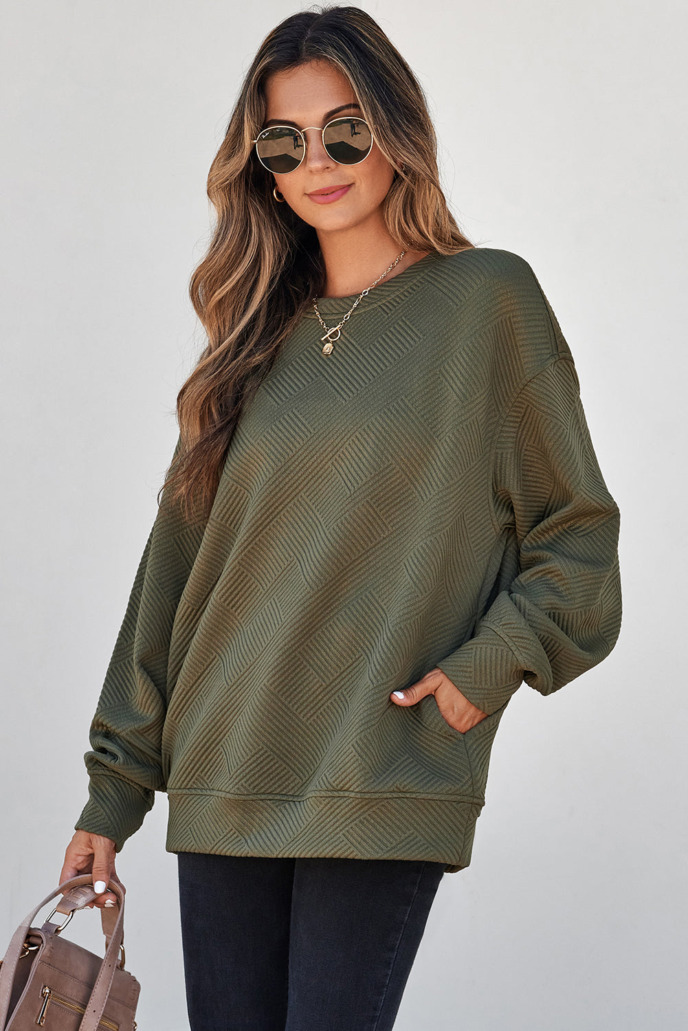 Jungle Green Solid Color Textured Round Neck Drop Shoulder Pullover Sweatshirt
