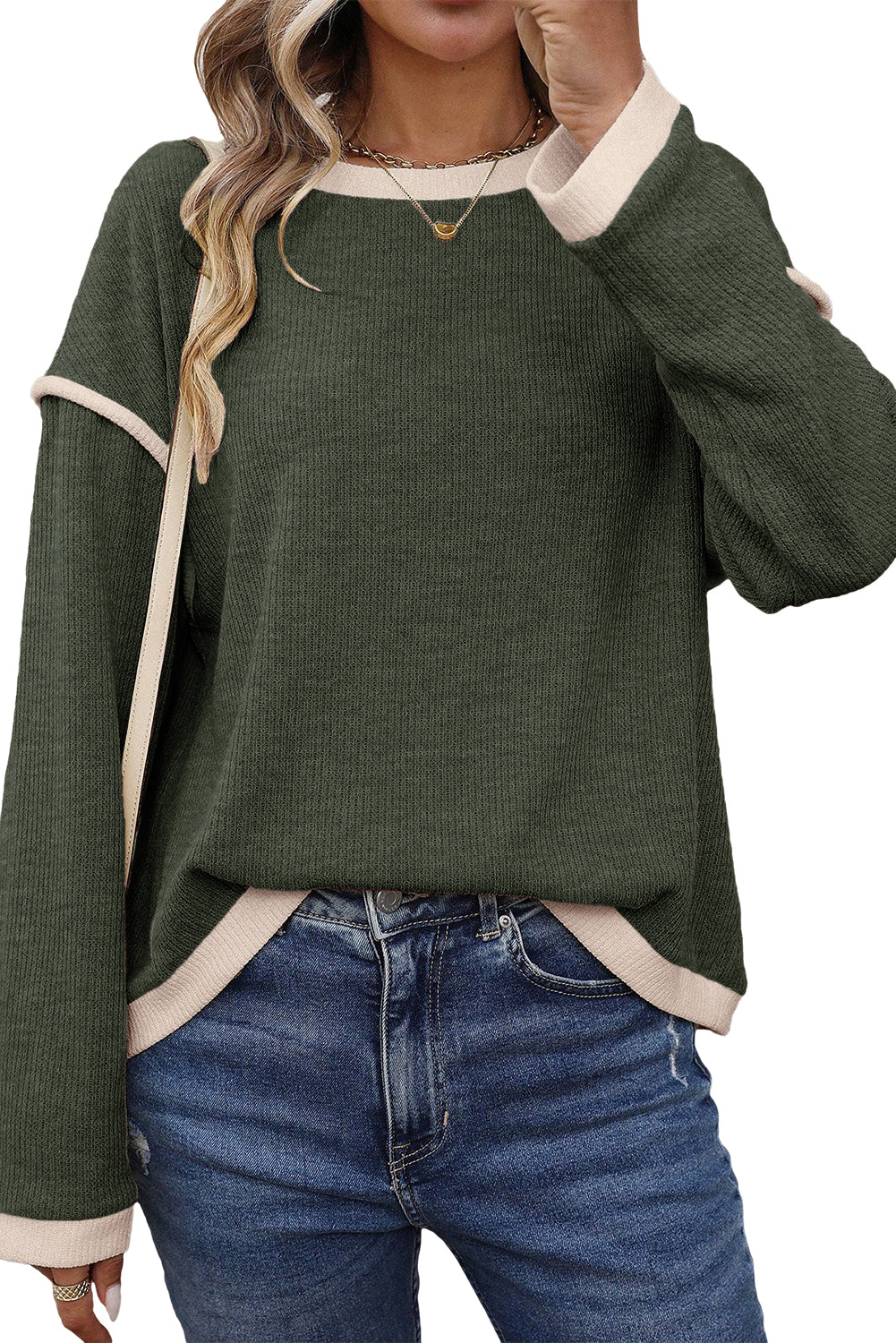 Light Pink Contrast Color Trim Knit Drop Shoulder Loose Top