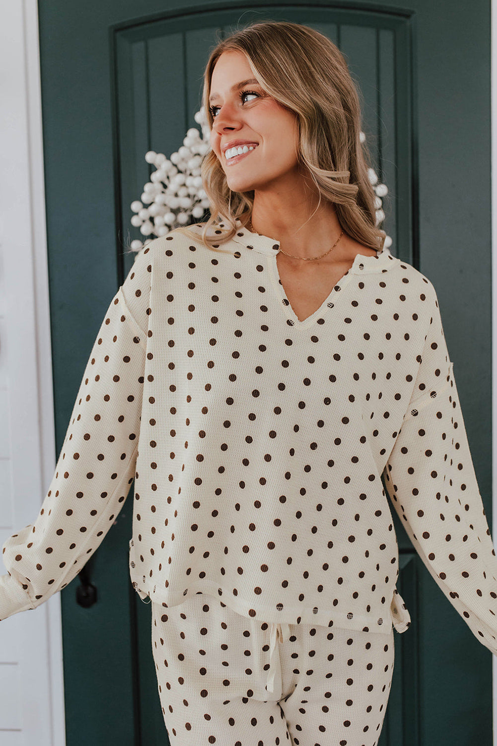 White Polka Dot Print Pullover Drawstring Jogger Pants Pajama Set