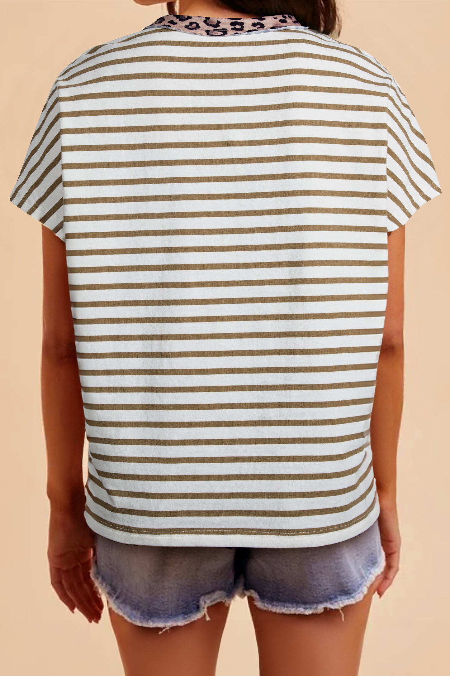 Khaki Stripe Leopard Patchwork Round Neck Loose T Shirt