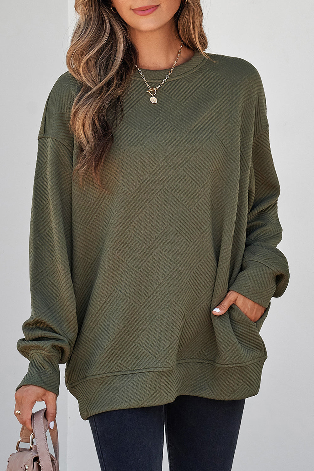 Jungle Green Solid Color Textured Round Neck Drop Shoulder Pullover Sweatshirt