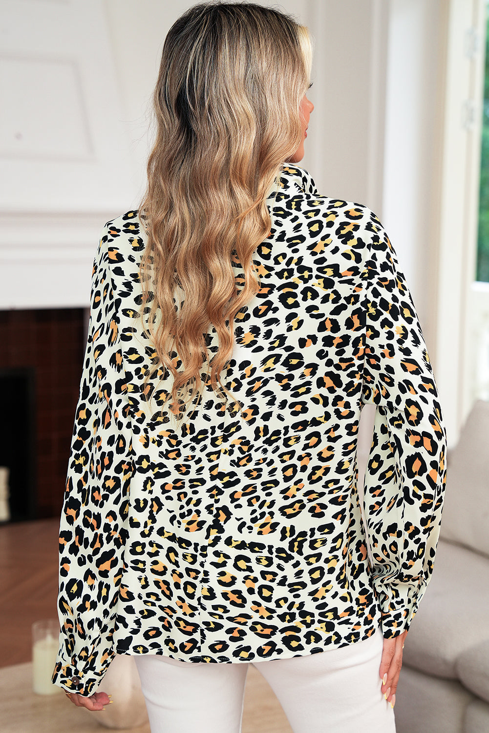 Khaki Leopard Print Long Sleeve Striped V Neck Top