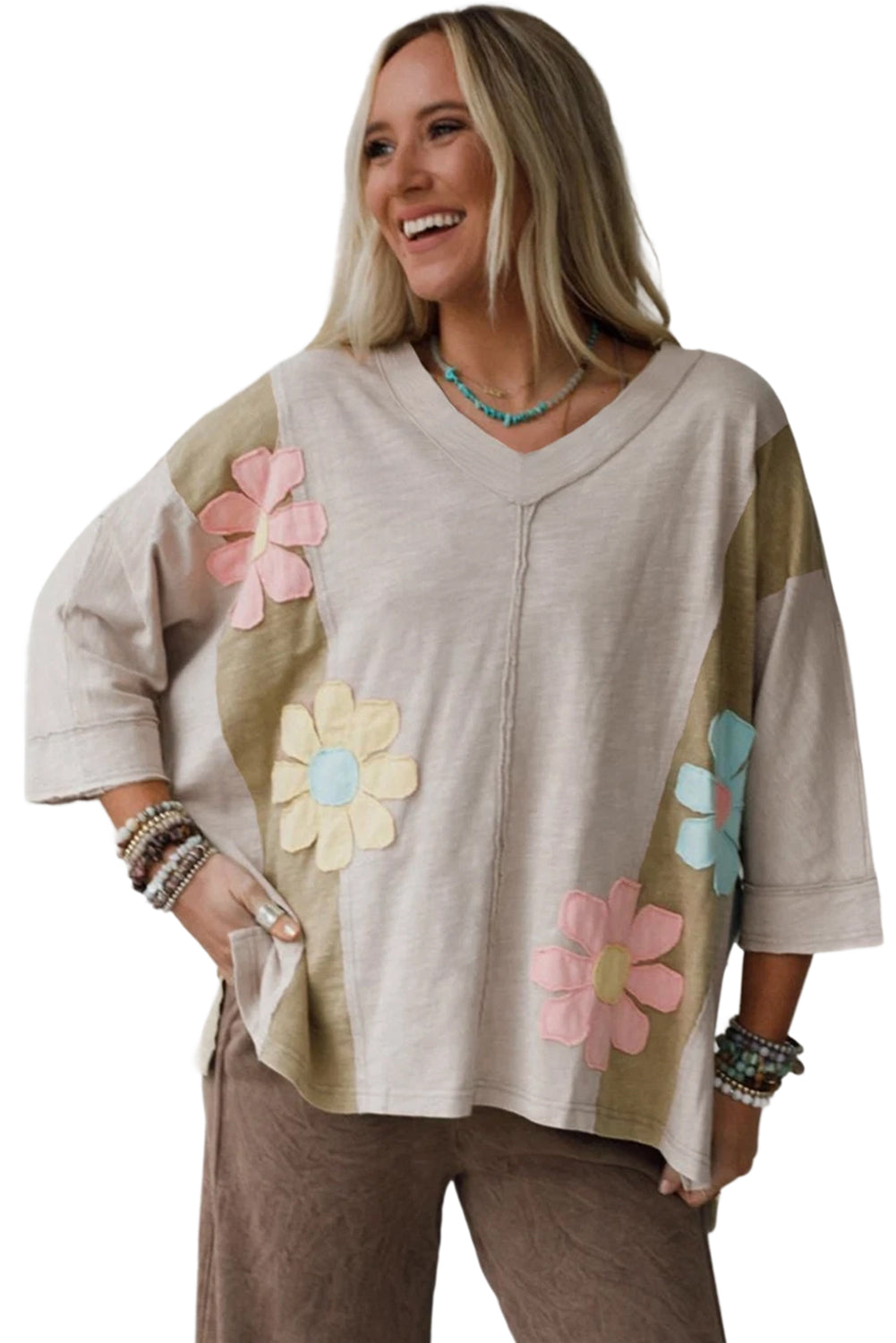 Pink Flower Patched Exposed Seam 3/4 Sleeve top