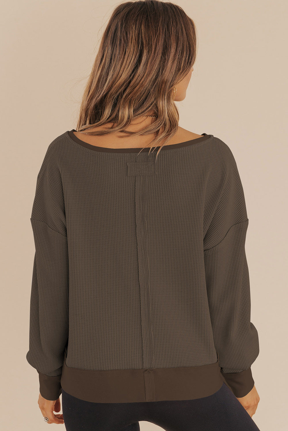 Dark Brown Waffle Knit Notched V Neck Drop Shoulder Solid Sweatshirt