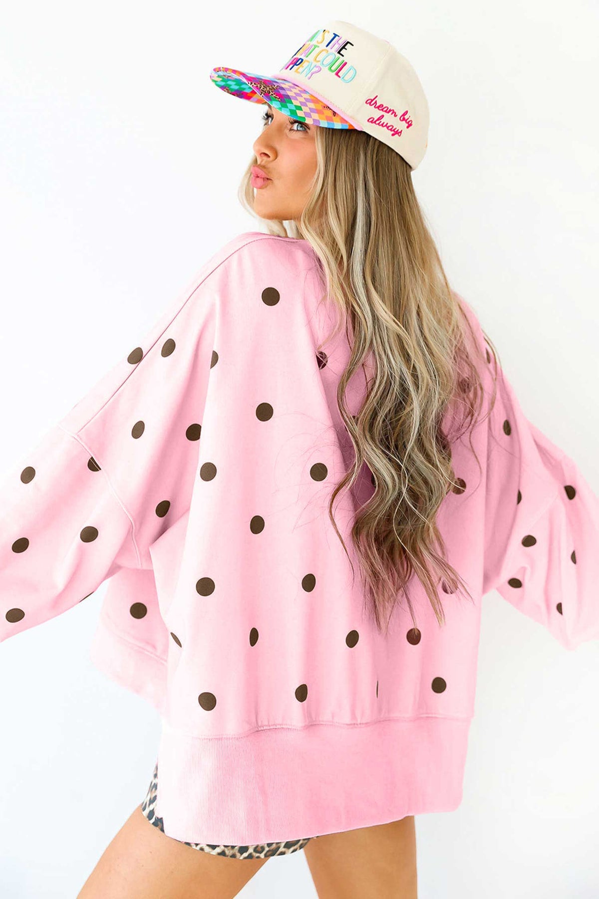 Beige Polka Dot Loose Long Sleeve Split Hem Pullover Top